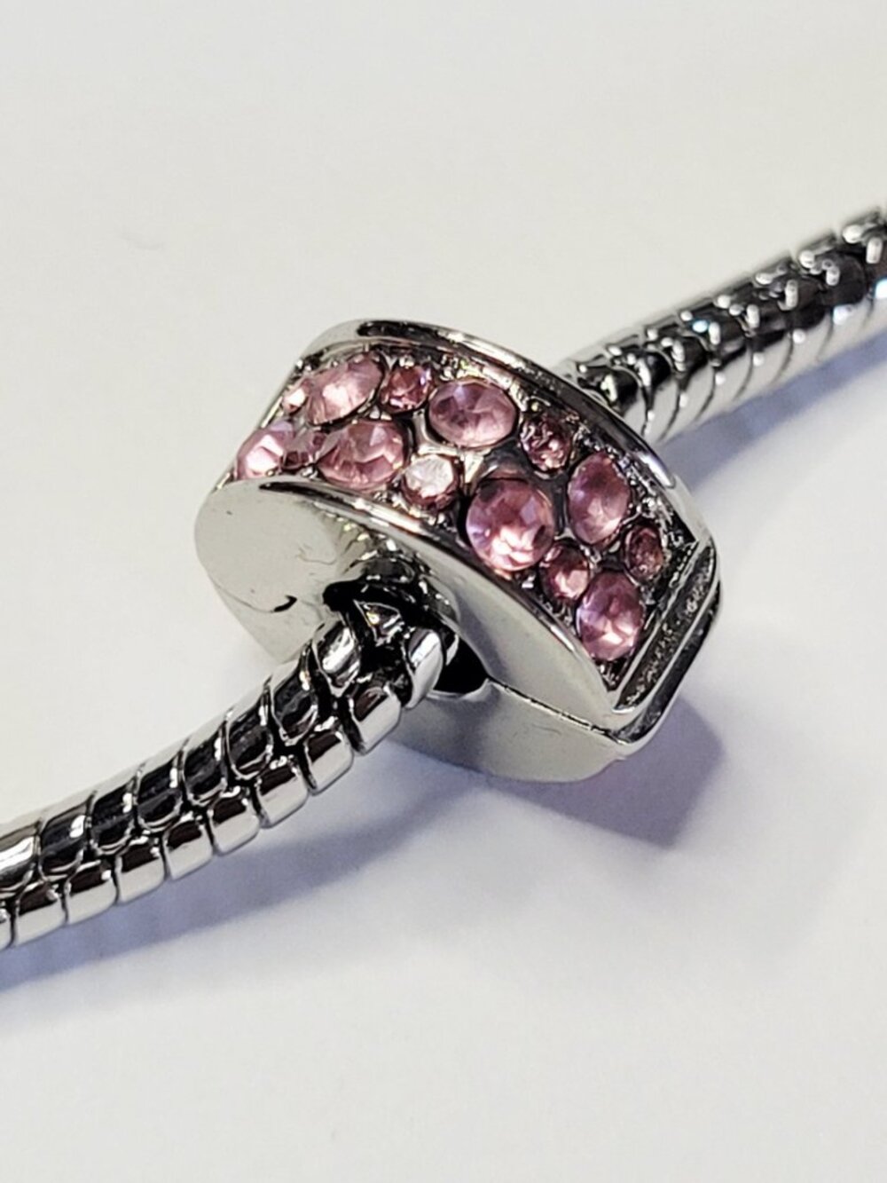 NWT For Pandora Charm Bracelets Silver and Pink Rhinestone Snap Stopper Charm